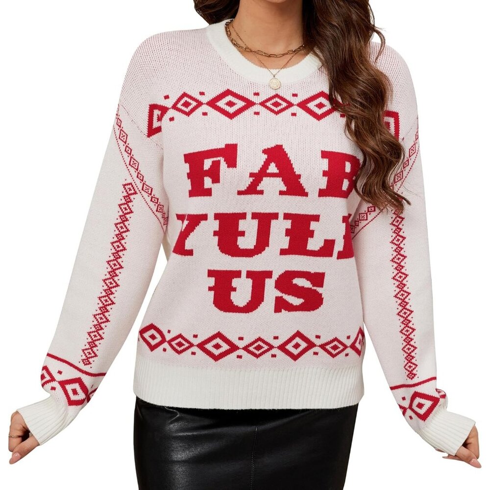 Women White Cute Fuzzy Funny Wintertime Holiday Parties Knitted Pullover Sweater